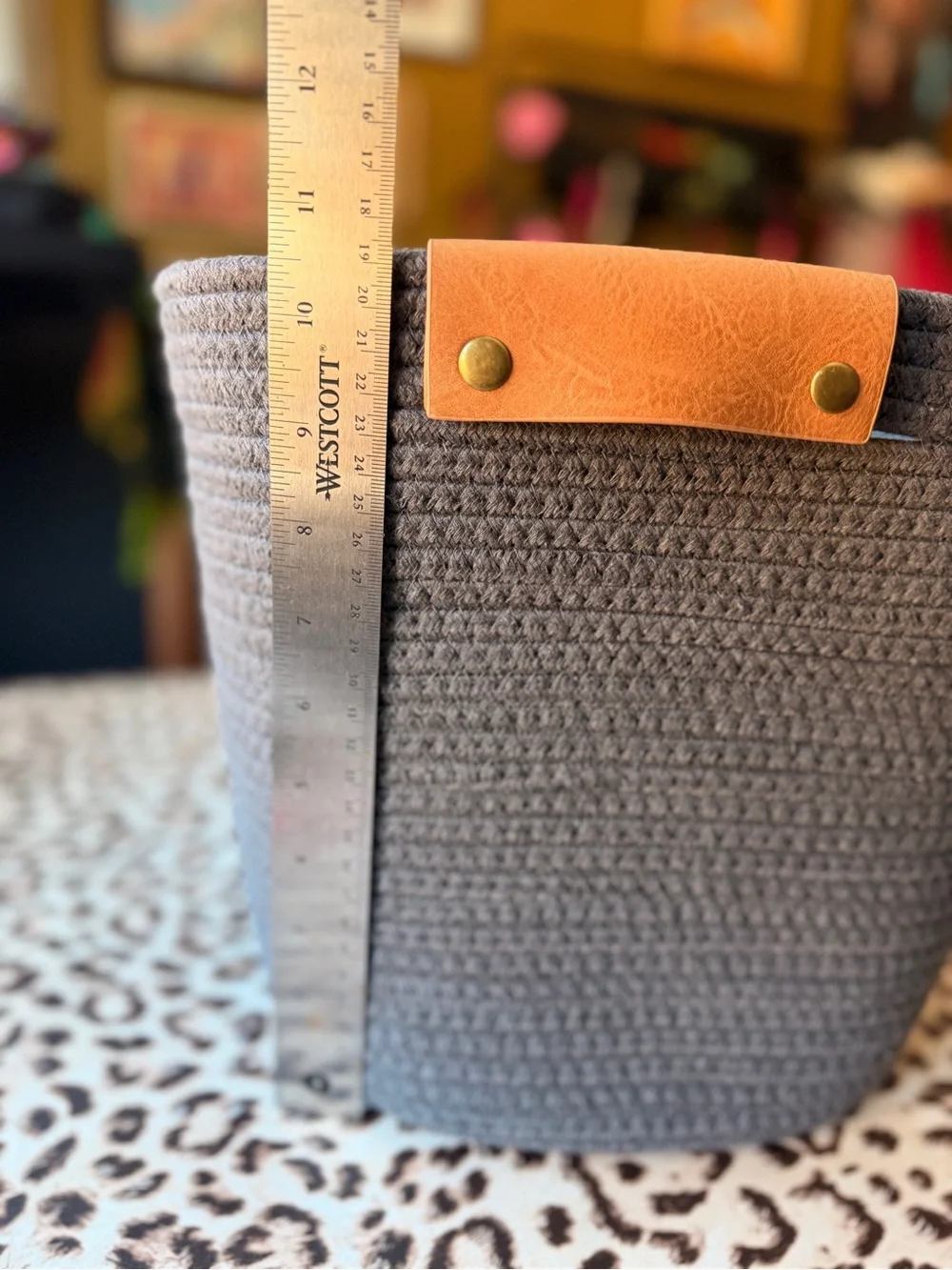 Woven Storage Baskets - Gray with Tan Leather Handles - 4pcs